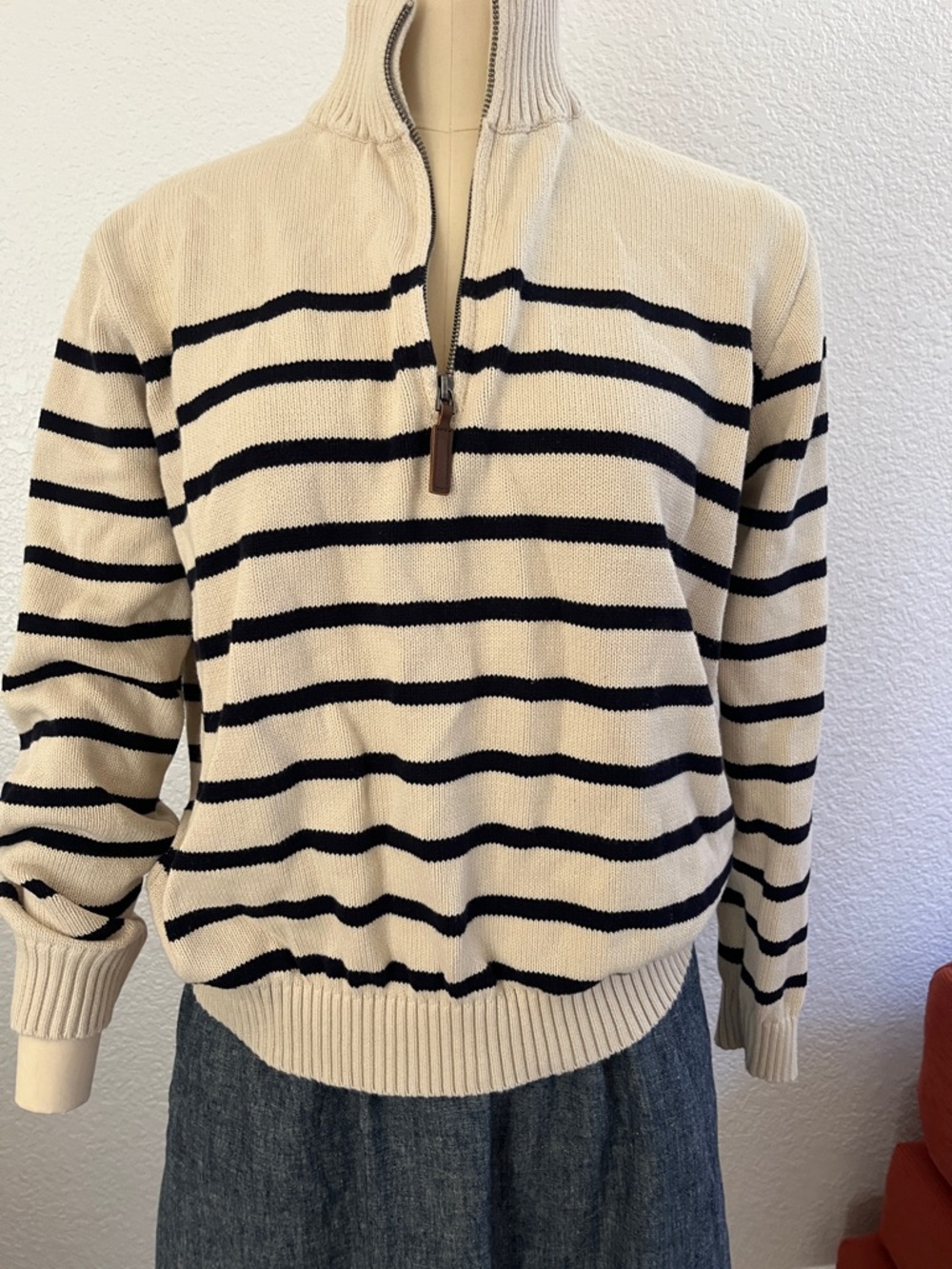 Cream and navy Striped Half-Zip Sweater